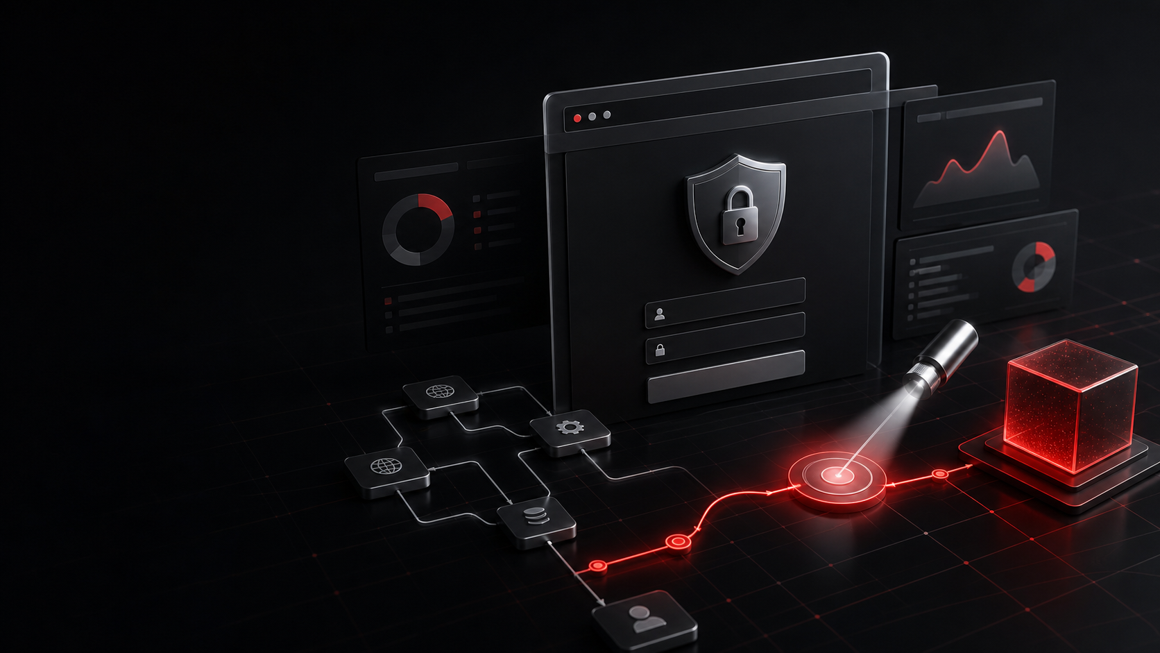 Web application security assessment visual showing browser, API, and risk path